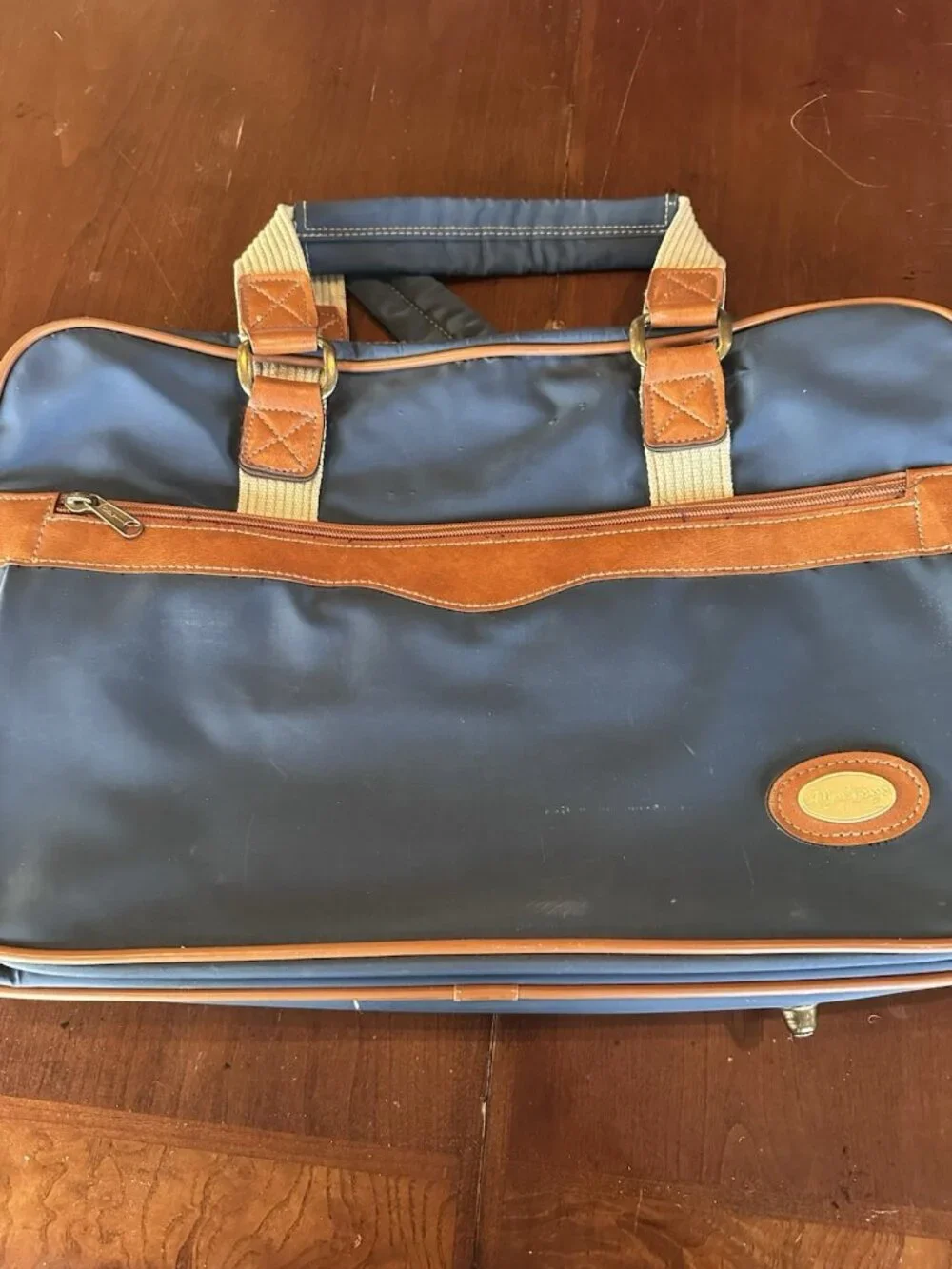 Vintage Allyn St George Navy & Brown Travel Tote Luggage Bag 1980's